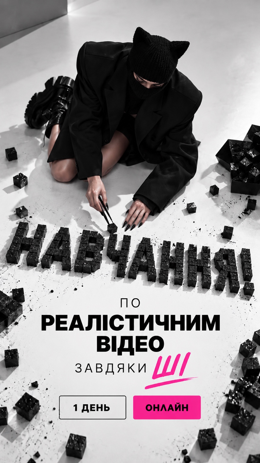 Дівчина в чорній масці викладає з кубиків слово НАВЧАННЯ